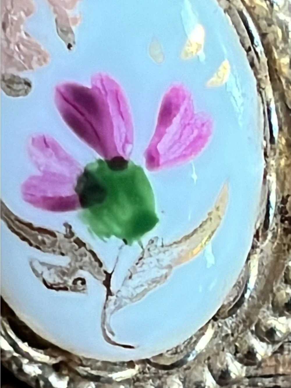 Gold-Tone Floral Porcelain Oval Ring - Pink Flower